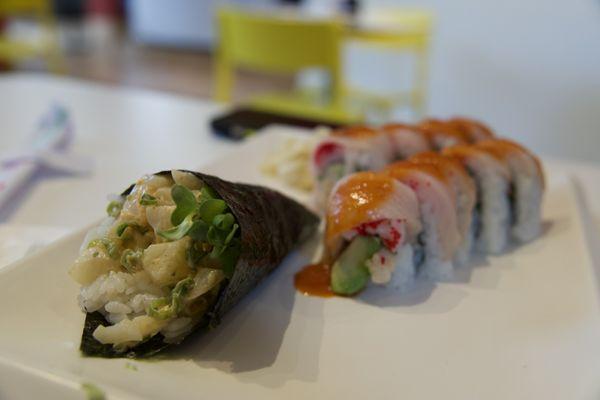 Scallop handroll and Yellowfish Roll