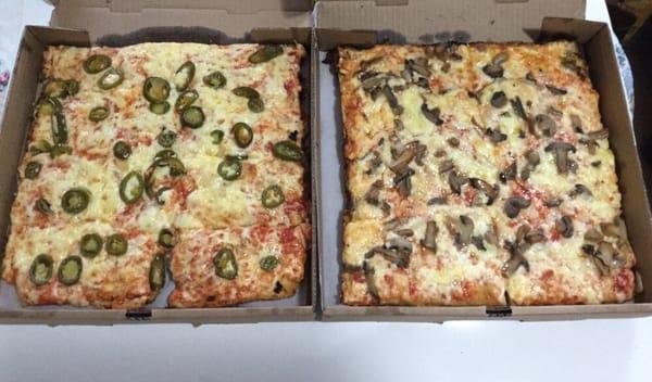 Their Sicilian pizzas are fantastic. Two of our favorites: extra cheese with jalapeños and extra cheese with mushrooms.