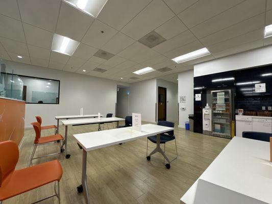 Donor waiting area and kitchen with lots of snacks