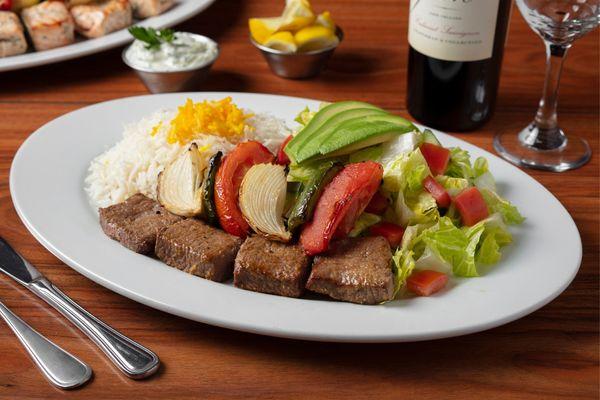 Entree: Lamb Barg Kabob (all-natural, antibiotic and hormone free, grass-fed lamb tenderloin) with grilled vegetables & choice of two sides.