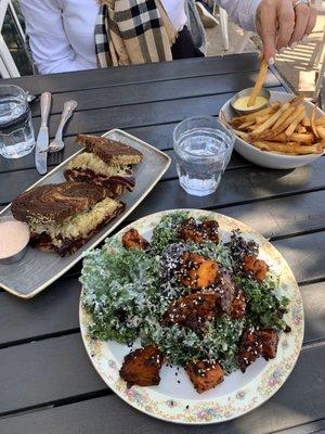 Kale salad, corned beet Reuben, and fries