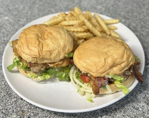 Chicken Sandwich (L), Cheeseburger Add Deluxe & Bacon (R) and side of Fries (extra crispy)