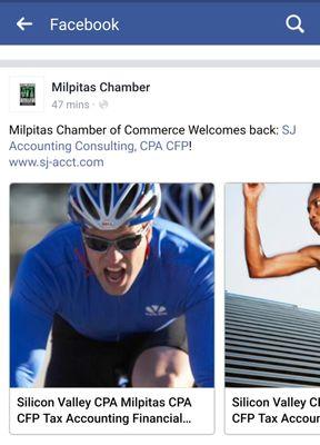 Milpitas Chamber of Commerce introduced SJ Accounting Consulting, CPA CFP on their Facebook!