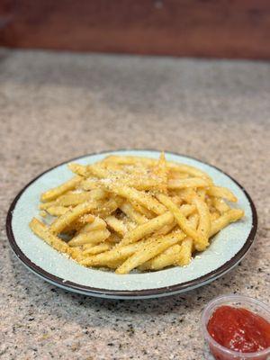 Each golden fry is seasoned with a generous blend of roasted garlic and freshly grated Parmesan cheese