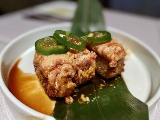 Crispy Rice topped with spicy tuna, sliced jalapeno, wasabi tobiko, balsamic, kabayaki