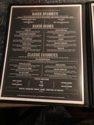 Pasta menu