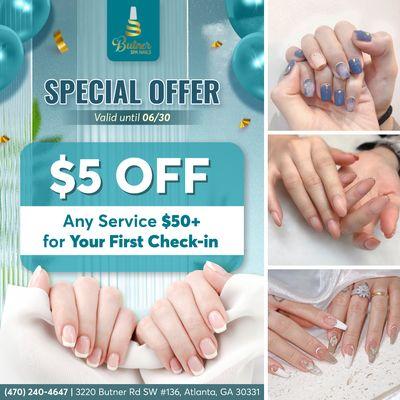 SPECIAL OFFER
$5 OFF Any Service $50+ for First-Time Customers 
Valid until 06/30
Butner Spa Nails is excited to share a fantastic deal!