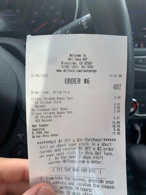 Receipt of 2 beyond tacos and 1 regular size churro shake.