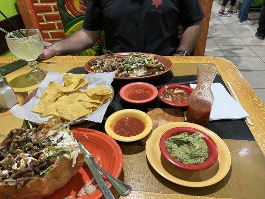 Taco Salad, complimentary chips & 2 kinds of salsa, side of Guacamole and Nachos