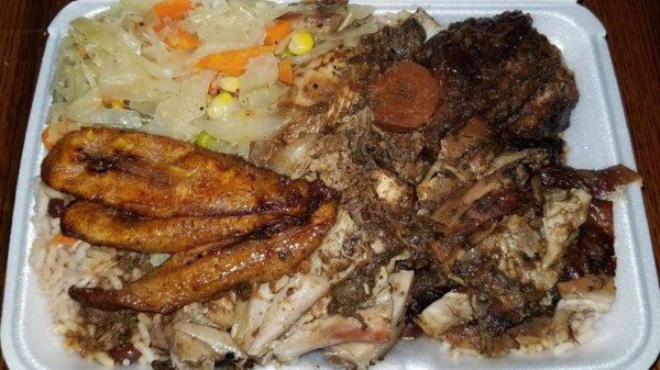 Jerk chicken with peas and rice, plantains, vegetables