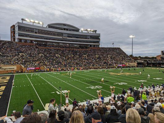 View from Section 12, Row S, Seat 12. 1.0x zoom. Wake Forest vs Georgia Tech football. September 23, 2023.