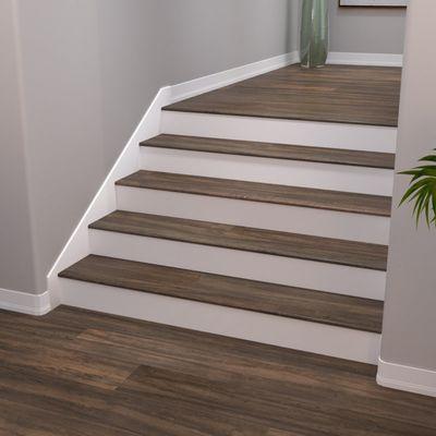 Mdf baseboards, stairs white risers, skirt stairs.