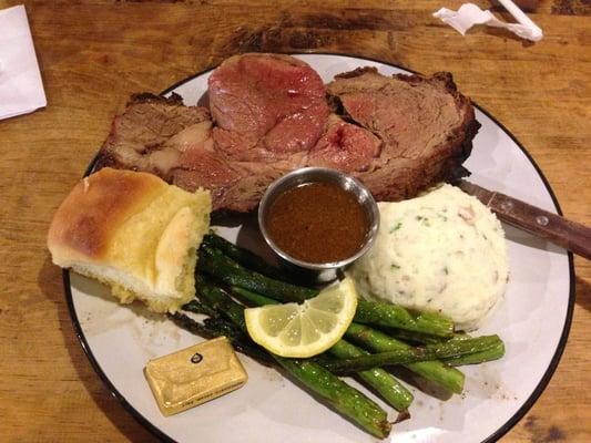 Prime rib with mashed potatoes and asparagus. $26.00