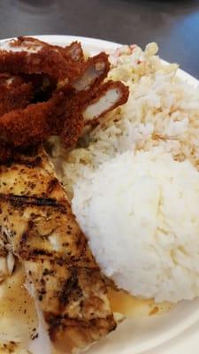 Chicken Katsu with mahi mahi, rice, and macaroni salad. Generous portions.