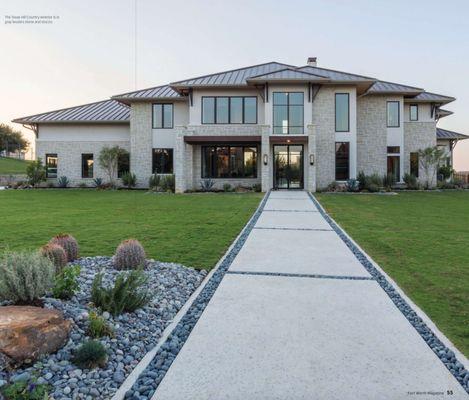 Front yard view of the 2017 Fort Worth Magazine Dream Home. Landscaping by Proscapes.