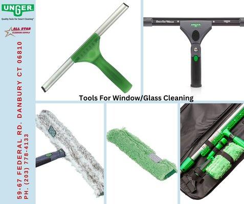 Unger's vast selection of glass squeegees and scrapers. Holsters, belts, and pouches help to organize tools for a faster, safer clean.