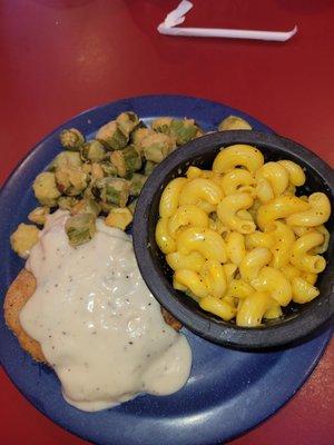 Chicken fried chicken with fried okra and mac and cheese, excellent!