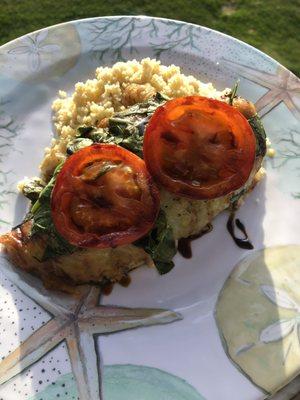 Chicken Caprese with Spinach over Cous Cous.