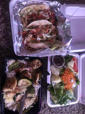 Chicken tacos with the chicken kebab, dinner and side salad