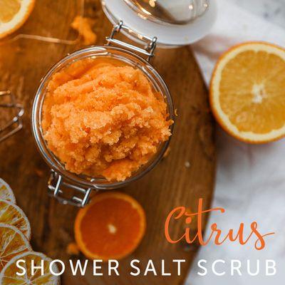 Madina Citrus Shower Salt Scrub with Olive Oil to moisturize, nourish, and refresh.