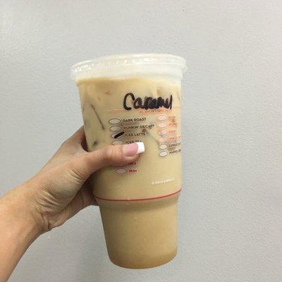 Large caramel iced latte for Marina