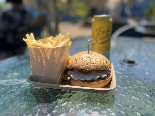 Backyard Burger, fries, East Bro Gold IPA