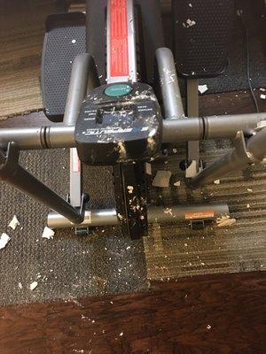 Plaster damage to exercise equipment and carpet which were under the collapsed ceiling area