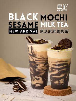 Black Mochi Sesame Milk Tea - Black sesame Mochi, tofu pudding, cheese foam on top with Oreo