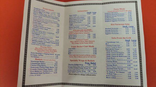 Menu as of August 2021