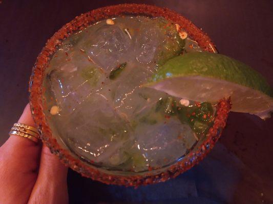 $10 original margarita with a spicy rim and jalapenos!