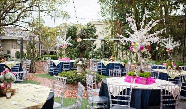 Crystal trees, clear chiavari chairs, folding tables, poly cotton linen and outdoor heaters are available at A Chair Affair, Inc.