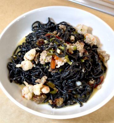 Panicale Pasta's Squid Ink Pasta with Shrimp and Sausage