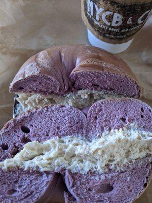 Blueberry bagel with strawberry cream cheese