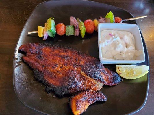 Blackened catfish skewered veggies. No need for tartar sauce