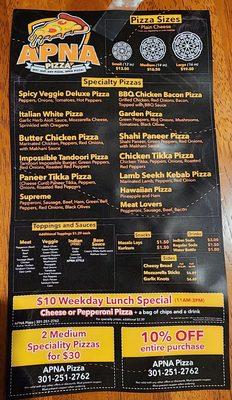 Front of the menu