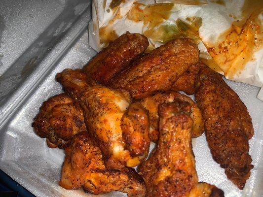 Hot chicken wings - a little steep for ten wings at $14. 4/5 stars for value, 5/5 for flavor.