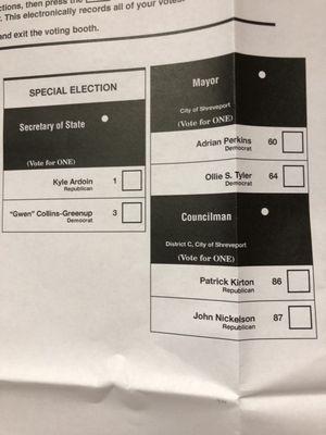 12/8/18. Saturday morning. 44 degrees and pouring rain. Ballot for state and local runoff elections.