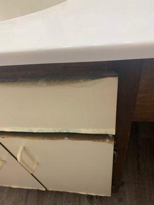 Water damaged, moldy, mildew cabinets in bathroom