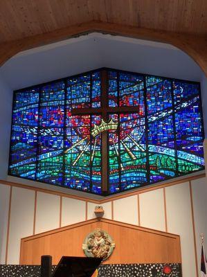 Stained glass in center of church, beautiful!