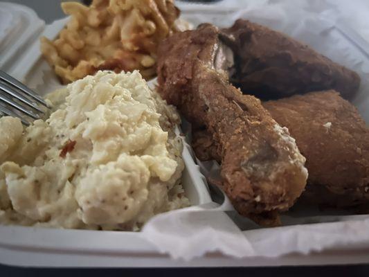 Fried Chicken Dinner with Potato Salad Mac and Cheese