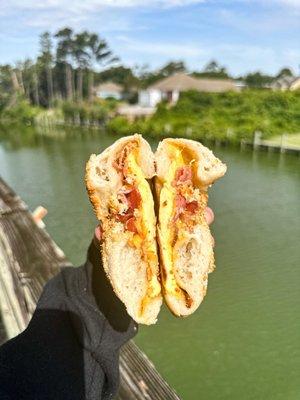 Bacon egg and cheese stuffed bagel