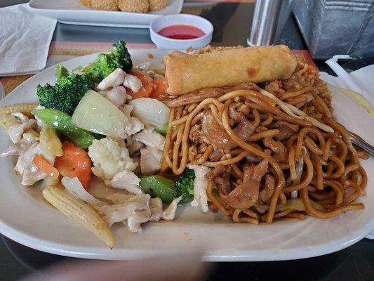 Veggies and chicken, egg roll, chow mein, and fried