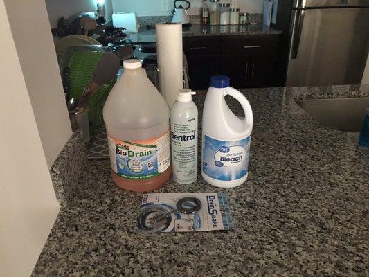 Supplies that are recommended for phorid fly elimination by pest control professionals such as Orkin. Not pictured is light fly trap.