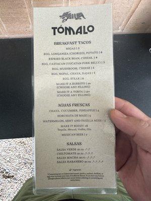 Breakfast Taco Menu