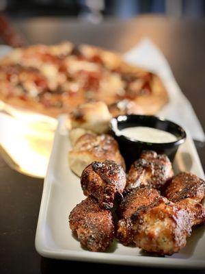 Wings, garlic knots, and pizza