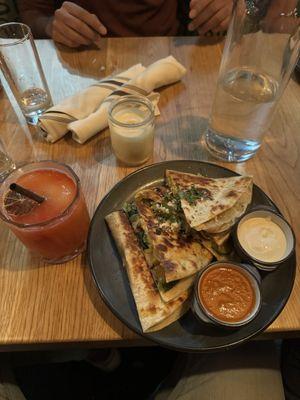 Veggie quesadillas and frozen strawberry Margarita