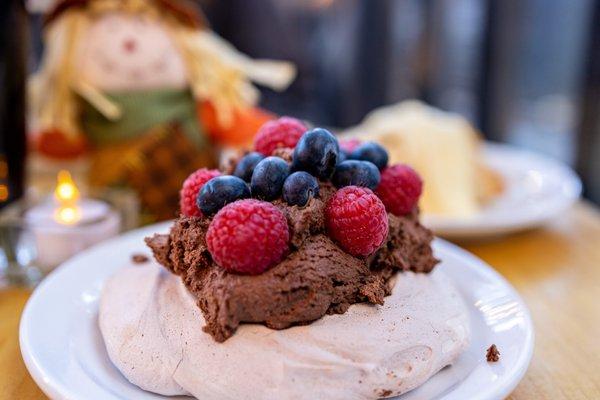 Thanksgiving 2020 Dessert: Chocolate Pavlova & Chocolate Mousse w/ Berries (part of the meal)