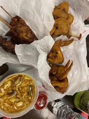 Hot and sour soup, chicken teriyaki, wings and fried shrimp