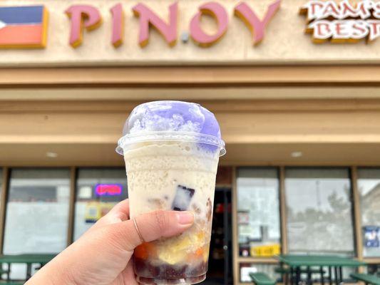 Halo Halo. Sweet beans & jellies with evaporated milk & a thick layer of shaved ice. A scoop of ube ice cream tops this dish.