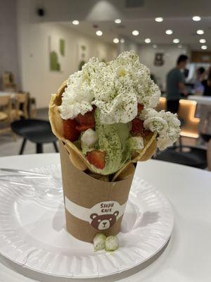 Matcha soft serve with bubble waffle